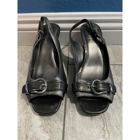 COLE HAAN Air Pewter Slingback Open Toe Buckle Sandals Heels D36499 Size 8.5 B - Picture 3 of 12